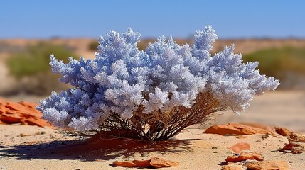 A unique desert plant with frosty blue leaves and brown stems grows among orange rocks on sandy ground, showcasing the rare beauty and contrast of a cold winter morning in an arid landscape.