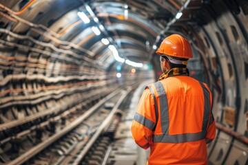 Adult male construction worker observing tunnel construction site