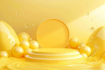 Bright yellow abstract background with spheres and bubbles