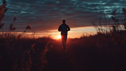 Runner Silhouetted Against Sunset Sky in Field
