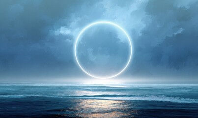 Glowing ring above tranquil ocean under a moody, cloudy sky