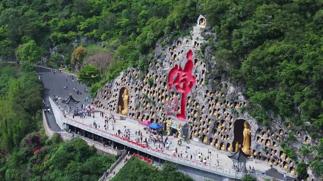 Donghua Temple Shaoguan - Aerial View of Buddha Statues in Cliff