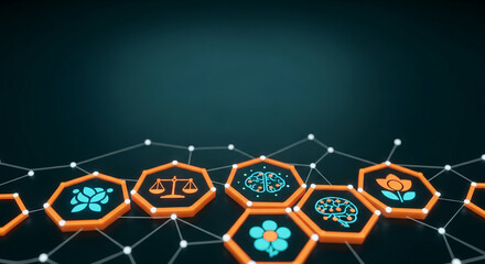 Hexagonal cell grid with diverse icon set on the surface, showing abstract connection, representing network or connection among different concepts