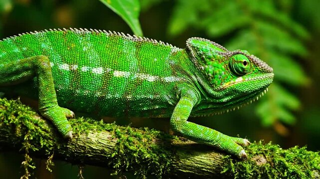 A chameleon's intricate camouflage in a vibrant tropical jungle setting, showcasing its remarkable ability to blend seamlessly with its natural environment.