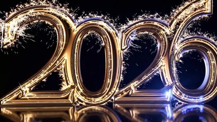 Glowing gold numerals 2026 set against a gleaming black backdrop sparkle with festive joy, creating a lavish and enchanting vision for a new year's eve celebration