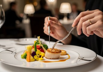 Close-up of hands enjoying grilled scallops with vegetable garnish at elegant restaurant, concept for gourmet dining experience, culinary blog and luxury lifestyle