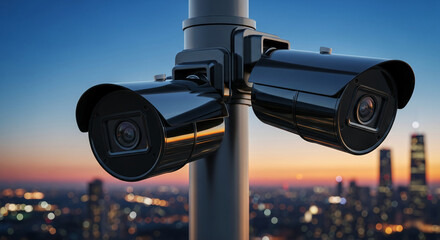 Close-up of two black security cameras mounted on a pole, overlooking a blurred cityscape at dusk, representing surveillance and urban safety