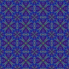 seamless pattern with blue flowers,yellow, red, green curves ,painted create to flowershape, leaves, purple background in geometric patterns as sarong,fabric,tile,printed fabric,batik,tablecloth