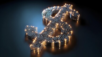 Glowing dollar sign with circuit board texture technology concept for finance digital currency and investment on a dark background