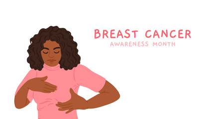 Breast cancer self examination awareness illustration with woman checking her breast, health education visual for prevention, early detection campaign, medical screening and womens healthcare support