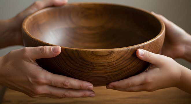 Family Hands Passing A Beautiful Wooden Bowl, Symbolizing Togetherness, Sharing, Love, And The Warmth Of Nurturing Relationships In Life