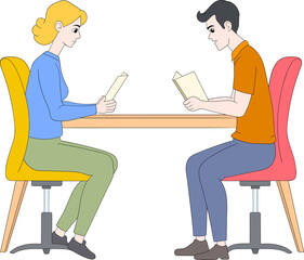Two People Reading Together at Desk in a Modern Workspace Illustration