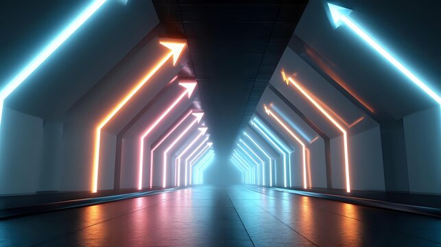 Futuristic tunnel with glowing neon arrows modern corridor with blue and orange lights abstract background for technology and science concepts