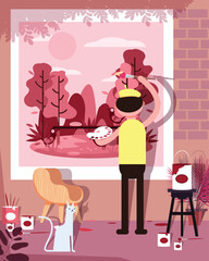 An artist diligently creating a vibrant nature landscape painting on canvas, surrounded by art supplies and a calm cat.