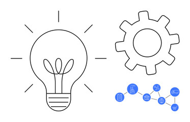 Light bulb with plant, gear, and network flowchart symbolizing creativity, efficiency, and interconnected systems. Ideal for ideas, teamwork, productivity, workflow sustainability innovation