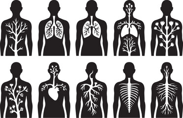 Surreal anatomical art nature and human body fusion in detailed. Vector Black silhouettes. with white background