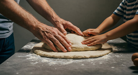 Engaging Hands Together: A Heartwarming Scene of a Parent and Child Kneading Dough on a Flour-Dusted Kitchen Counter, Creating Lasting Memories
