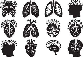 Surreal anatomical art nature and human body fusion in detailed. Vector Black silhouettes. with white background