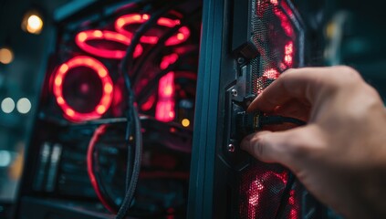 Hand connects cable to glowing red computer components