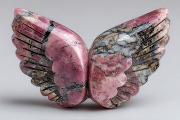 Rose Quartz Butterfly: A close-up showcases a beautifully crafted rose quartz butterfly sculpture. The soft pink hues and intricate detailing, creating a sense of natural elegance.