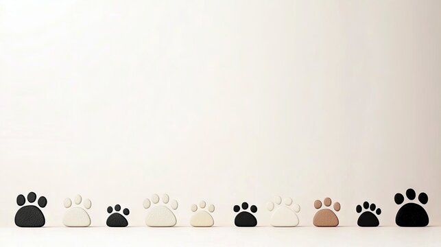 A collection of paw prints in different colors and sizes are arranged in a line across the bottom of a light-colored surface.