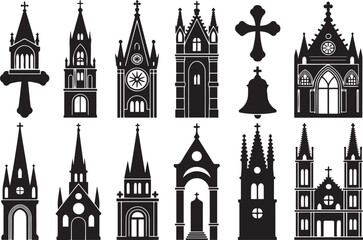 Naklejka premium Detailed vintage architectural elements church icons Set and structures. Vector Black silhouettes. with white background
