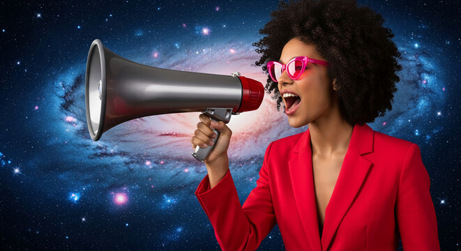 Profile of African woman in red suit, pink glasses, using megaphone. Galaxy background symbolizes widespread message, cosmic outreach, impactful announcement