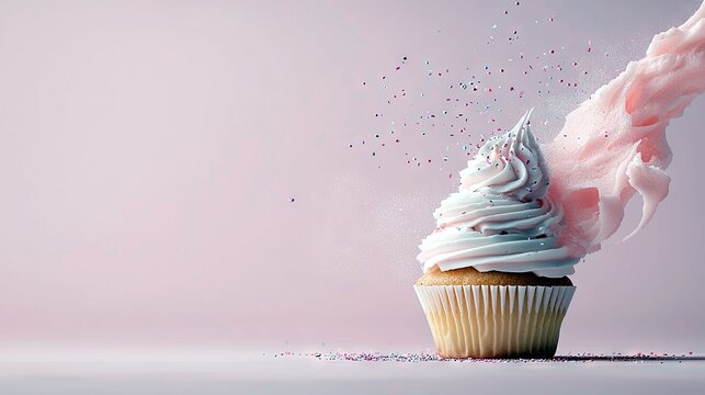 A close-up shot of a cupcake topped with white frosting and a swirl of pink cotton candy, with sprinkles scattered around.