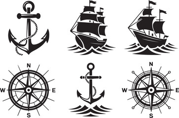 Nautical adventure set anchor, ship, compass, and more in vintage tattoo style ector Black silhouettes. with white background