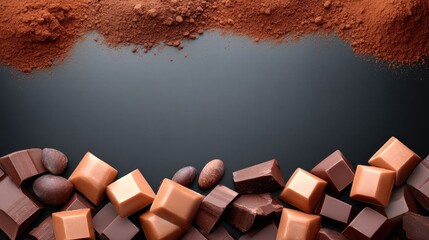 Rich assortment of dark, milk, and cocoa chocolate pieces on dark background, showcasing a delicious treat concept for dessert lovers and confectionery enthusiasts