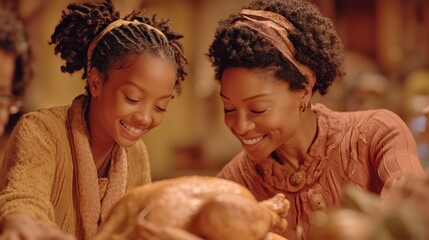 The scene captures a young Black woman and her daughter preparing a turkey with smiles and laughter around a festive dinner table. This family moment highlights the warmth of holid