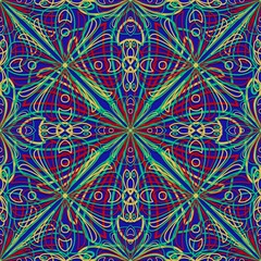 abstract seamless pattern with flowers,yellow, red, green curves ,painted create to flowershape, leaves, purple background in geometric patterns as sarong,fabric,tile,printed fabric,batik,tablecloth 