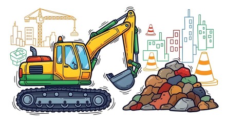 Colorful Construction Doodles Set with Excavator and Site Elements