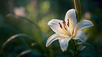 Single white lily blossom glows with sunlight against a dark green background