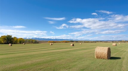 Obraz premium Expansive Landscape Scene of Rolling Green Field with Round Hay Bales Under a Bright Blue Sky and Puffy White Clouds in the Background