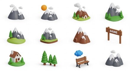 3D Mountain Landscape Icon Set with Modern Stylized Nature Elements