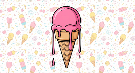 Ice Cream Cone Vector with Dripping Pink Glaze and Wafer Texture