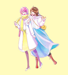 外出する女性　2人　冬