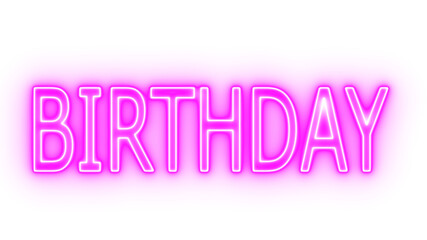 Magenta Birthday Neon Text on Transparent Background. Neon Sign for Party Invitations and Celebration Graphics