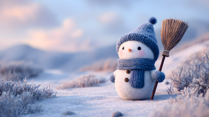 Cute fluffy snowman holding a broom in winter landscape with sunset light
