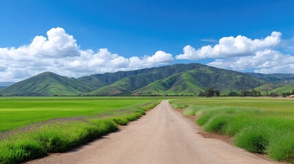 Naklejka premium Serene Landscape with Dusty Road Leading Towards Lush Green Mountains Under Bright Blue Sky and Fluffy White Clouds