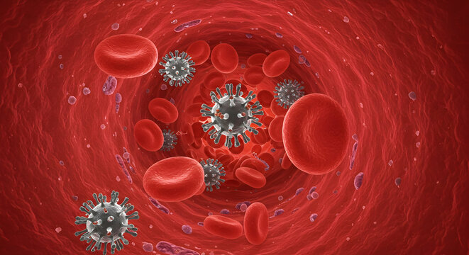 Detailed Illustration of Viruses in Human Bloodstream Highlighting the Interactions Between Red Blood Cells and Pathogens Under Microscopic View