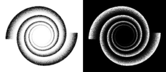 Abstract art background with dotted spiral. Stipple effect with chaotic noise. Black shape on a white background and the same white shape on the black side.