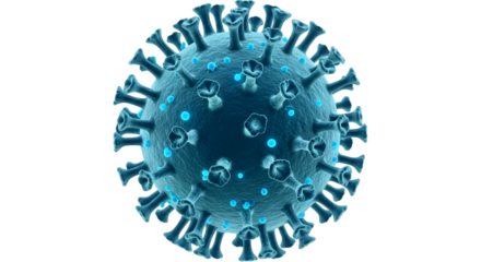 Detailed 3 D rendering of a blue coronavirus particle with glowing blue dots isolated on a transparent background