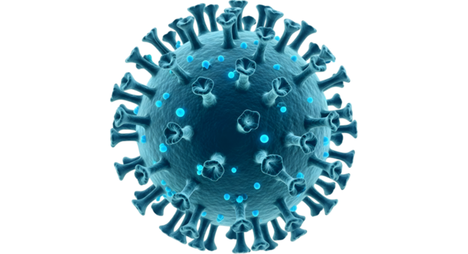Detailed 3 D rendering of a blue coronavirus particle with glowing blue dots isolated on a transparent background
