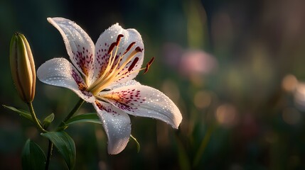White speckled lily bloom glistens with morning dew against a dark, soft background