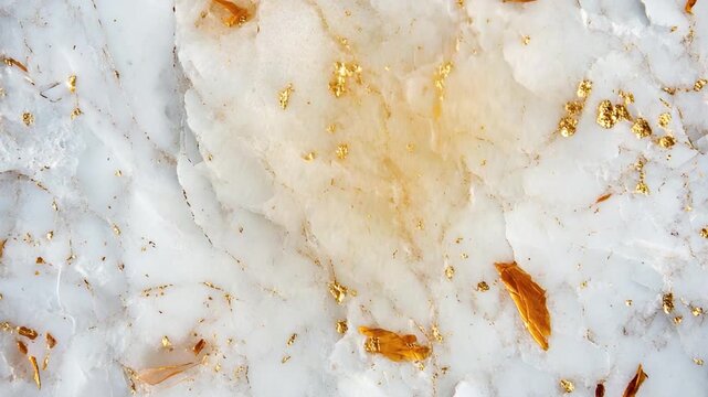Close-up shot of a white marble surface adorned with gold leaves