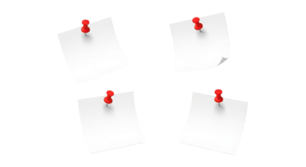 Four blank white notes pinned with red pushpins, isolated on transparent background, perfect for adding your message or reminder to the design 