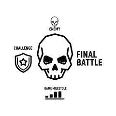Game skull icon with final battle, challenge, enemy, milestone text, isolated on white