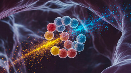 Abstract visualization of a circular molecular structure with colorful spheres and energy streams.